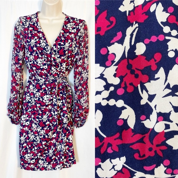 DVF Diane Von Furstenberg Sigourney True Wrap Dress Silk Cotton Floral Blue Pink - Picture 1 of 12